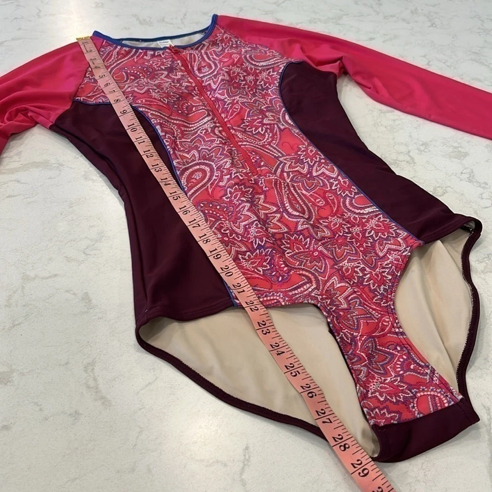 Coolibar Escalante Women's Swimsuit Pink Paisley Zip Stretch Thumbhole UPF 50